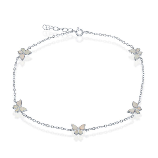 Sterling Silver Butterfly Anklet - White Opal