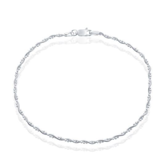Sterling Silver 2.1mm Snake and Bead Anklet - Silver Plated