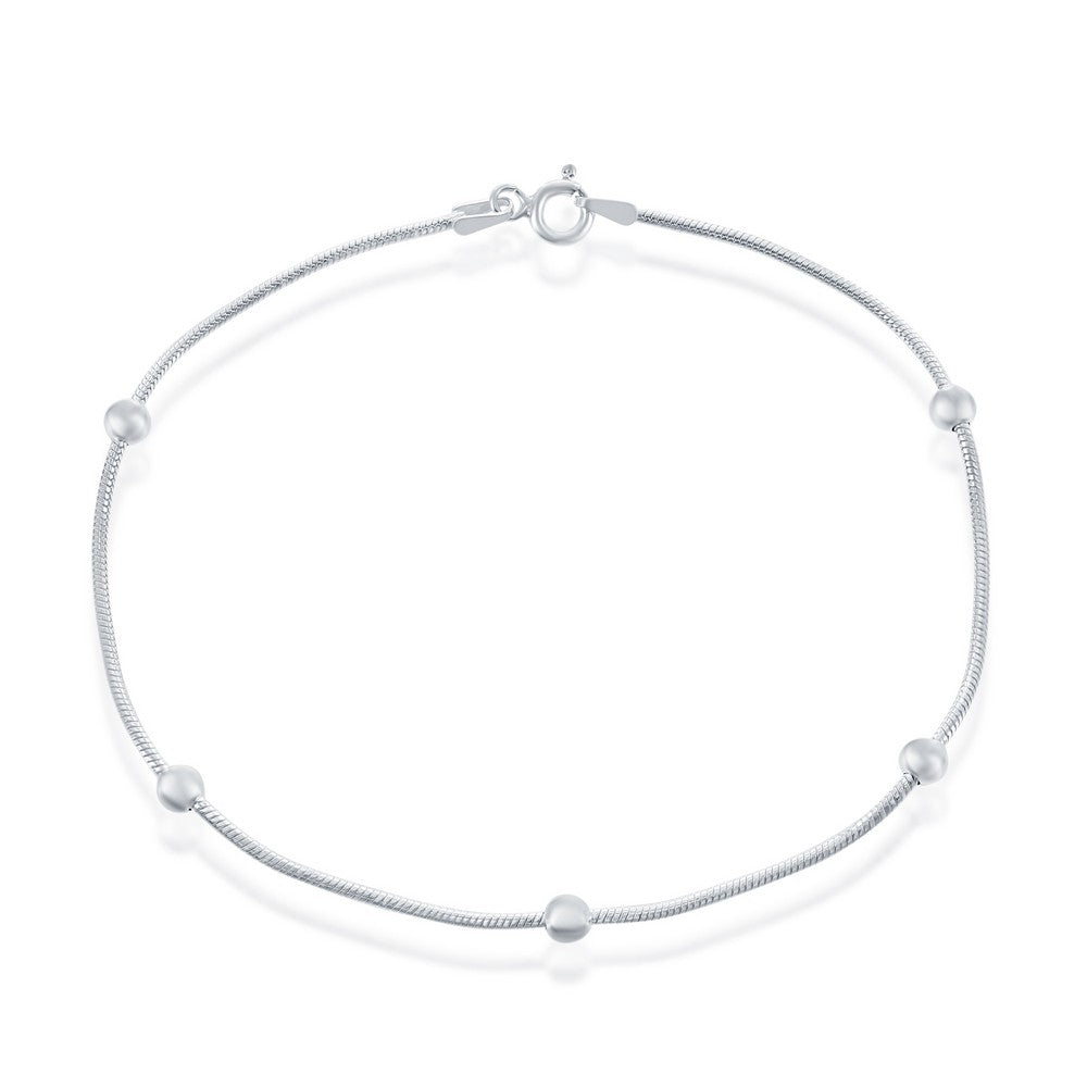Sterling Silver Snake Chain With 4mm Bead Anklet - Silver Plated