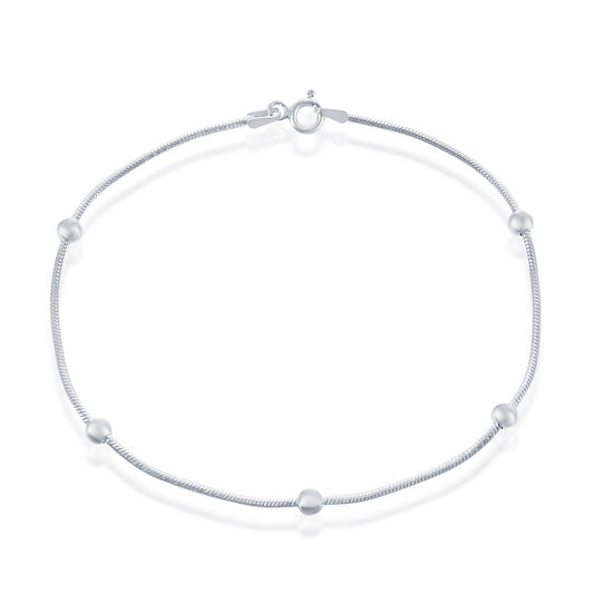 Sterling Silver Snake Chain With 4mm Bead Anklet - Silver Plated
