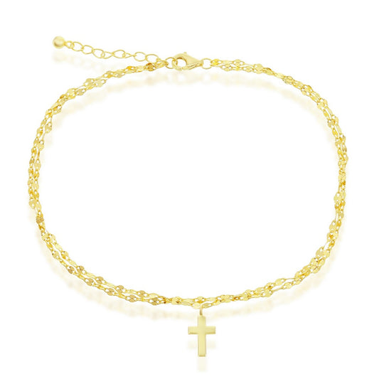 Sterling Silver Double Strand Mirror Chain With  Cross Charm Anklet - Gold Plated