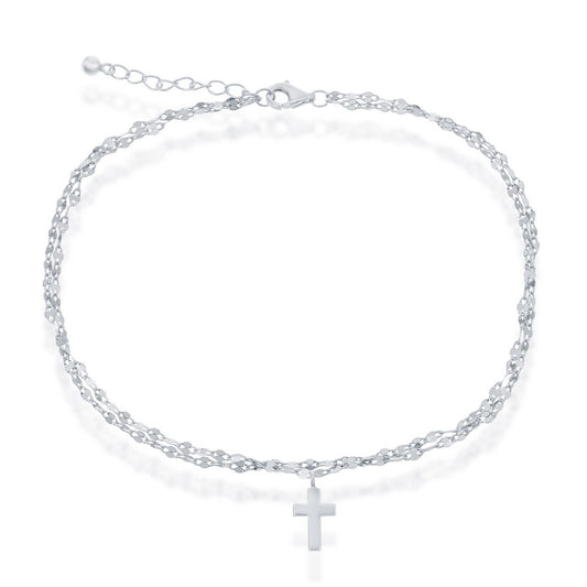 Sterling Silver Double Strand Mirror Chain With  Cross Charm Anklet