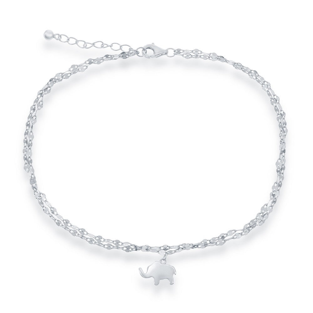 Sterling Silver Double Strand Mirror Chain With  Elephant Charm Anklet