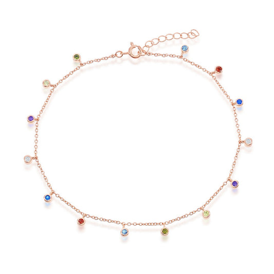 Sterling Silver Bezel-Set Rainbow CZ Charms Anklet - Rose Gold Plated