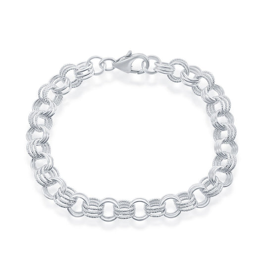 Sterling Silver Alternating Circle and Designed Triple Circle Charm Link Bracelet