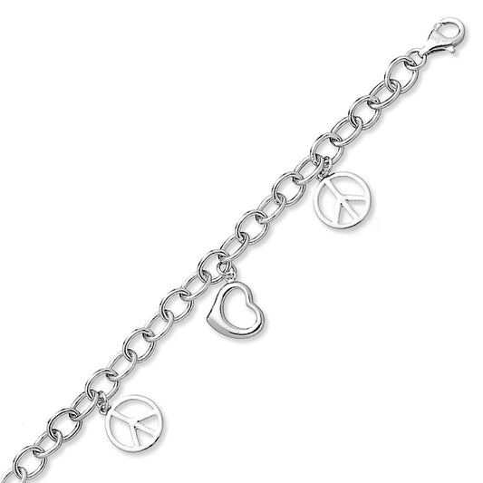 Sterling Silver Peace Sign and Heart Charm Bracelet