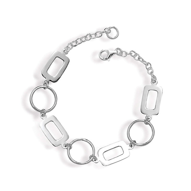 Sterling Silver Open Circles and Rectangles Alternating Link Bracelet