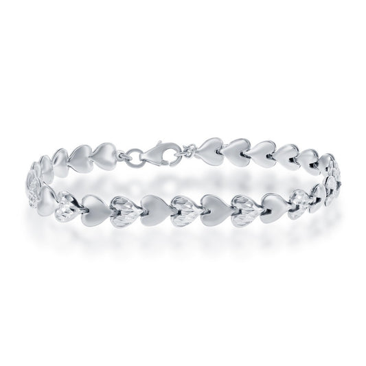Sterling Silver Alternating Plain and D-C Small Puffed Hearts Bracelet