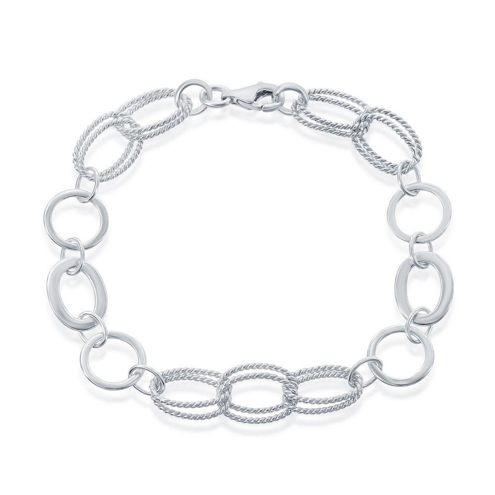Sterling Silver Double Ovals and Circles Braided Link Bracelet