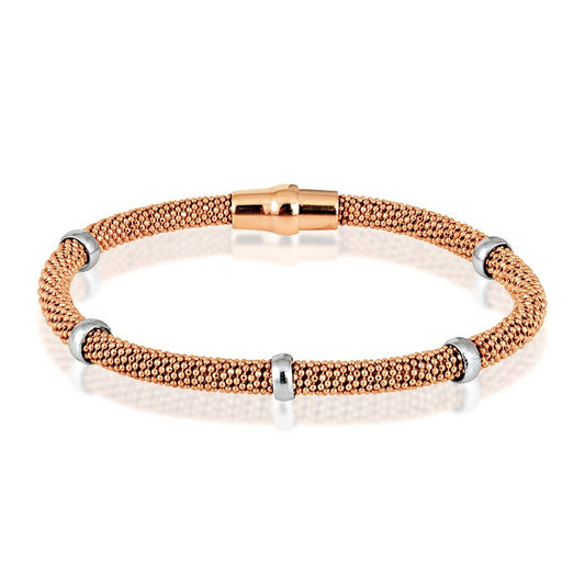 Sterling Silver Rose-Gold  D-C Beads With  Silver Accents Magnetic Closure Bracelet