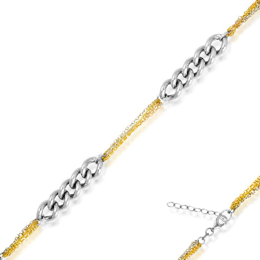 Sterling Silver Curb Link with Chain Bracelet - Tri-Color