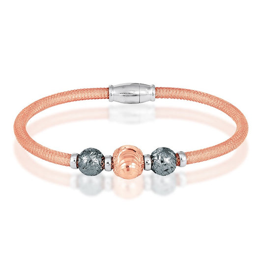 Sterling Silver  Rose-Gold Mesh with D-C Beads Magnetic Lock Bracelet
