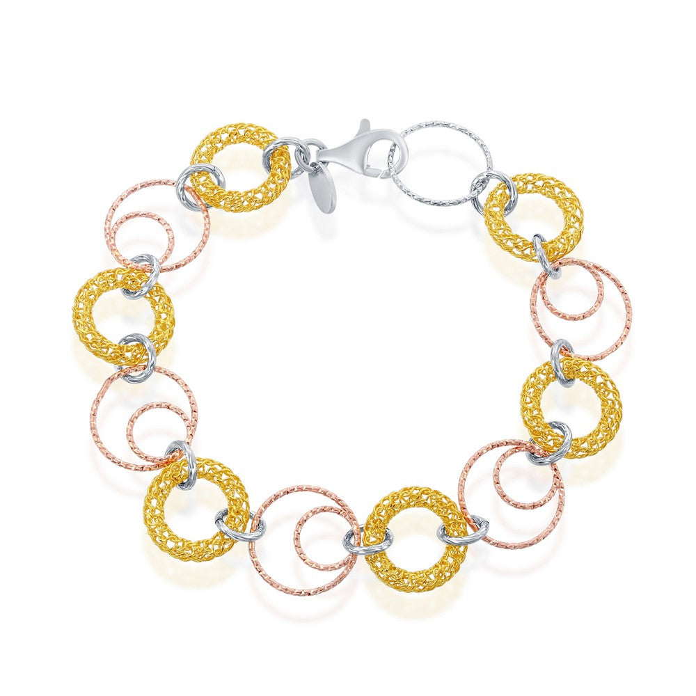 Sterling Silver Open Circles Link Bracelet - Tri Color