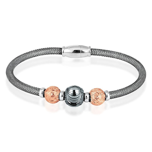 Sterling Silver  Black Mesh with D-C Beads Magnetic Lock Bracelet