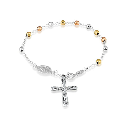 Sterling Sliver Beaded Rosary Bracelet -Tri Color
