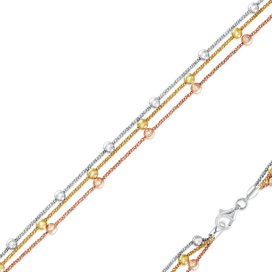 Sterling Silver Diamond Cut Beads Triple Strand Bracelet - Tri-Color