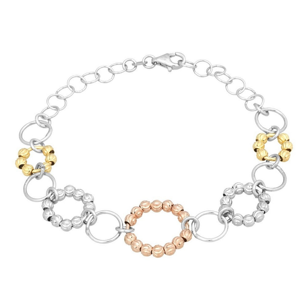 Sterling Silver Diamond Cut Beads Open Circle Bracelet - Tri-Color