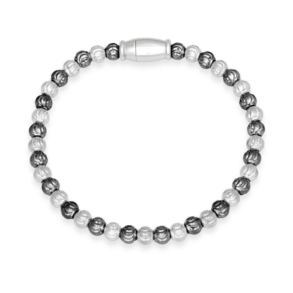 Sterling Silver Diamond Cut Beaded Magnetic Bracelet - Black Rhodium