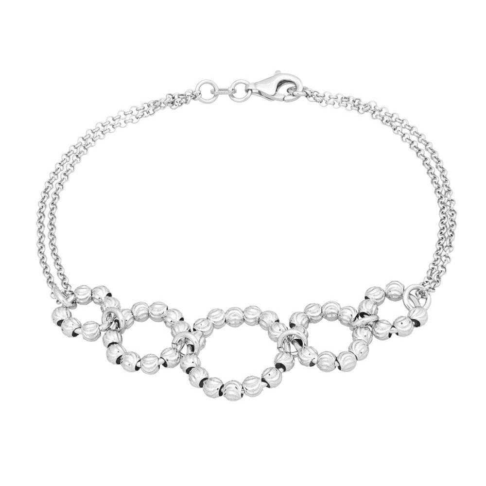 Sterling Silver Diamond Cut Beads Open Circle Double Strand Bracelet