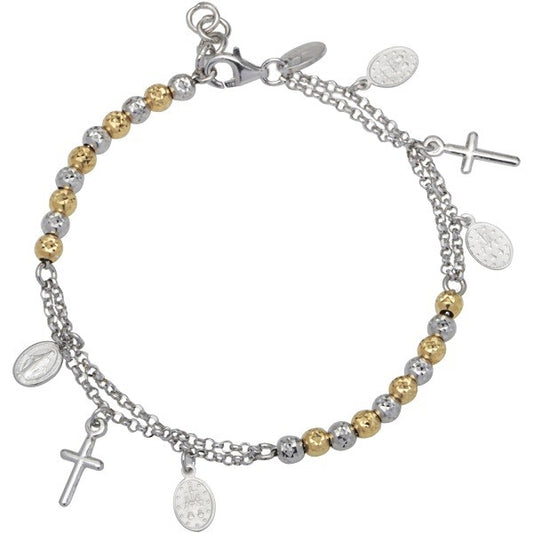 Sterling Silver GP and Silver Diamond Cut Beads with Cross and Medal Charm Bracelet