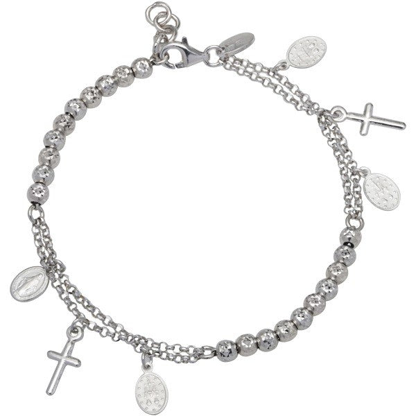 Sterling Silver Diamond Cut Beads with Cross and Medal Charm Bracelet