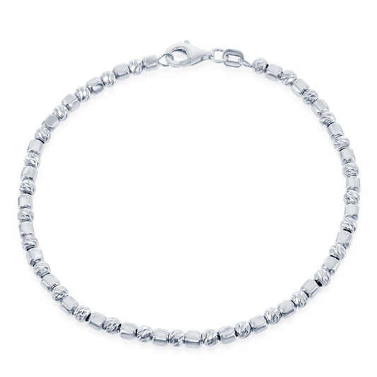 Sterling Silver Alternating Square Bead With  Diamond Cheveron Cut Beads Bracelet