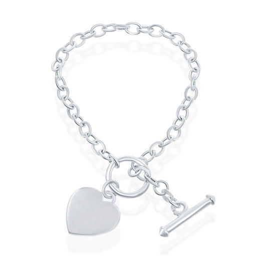 Sterling Silver Engravable Heart Charm Rolo Chain Toggle Bracelet