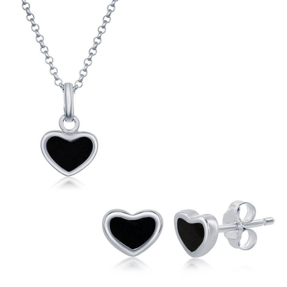 Sterling Silver Onyx Heart Pendant and Earrings Set