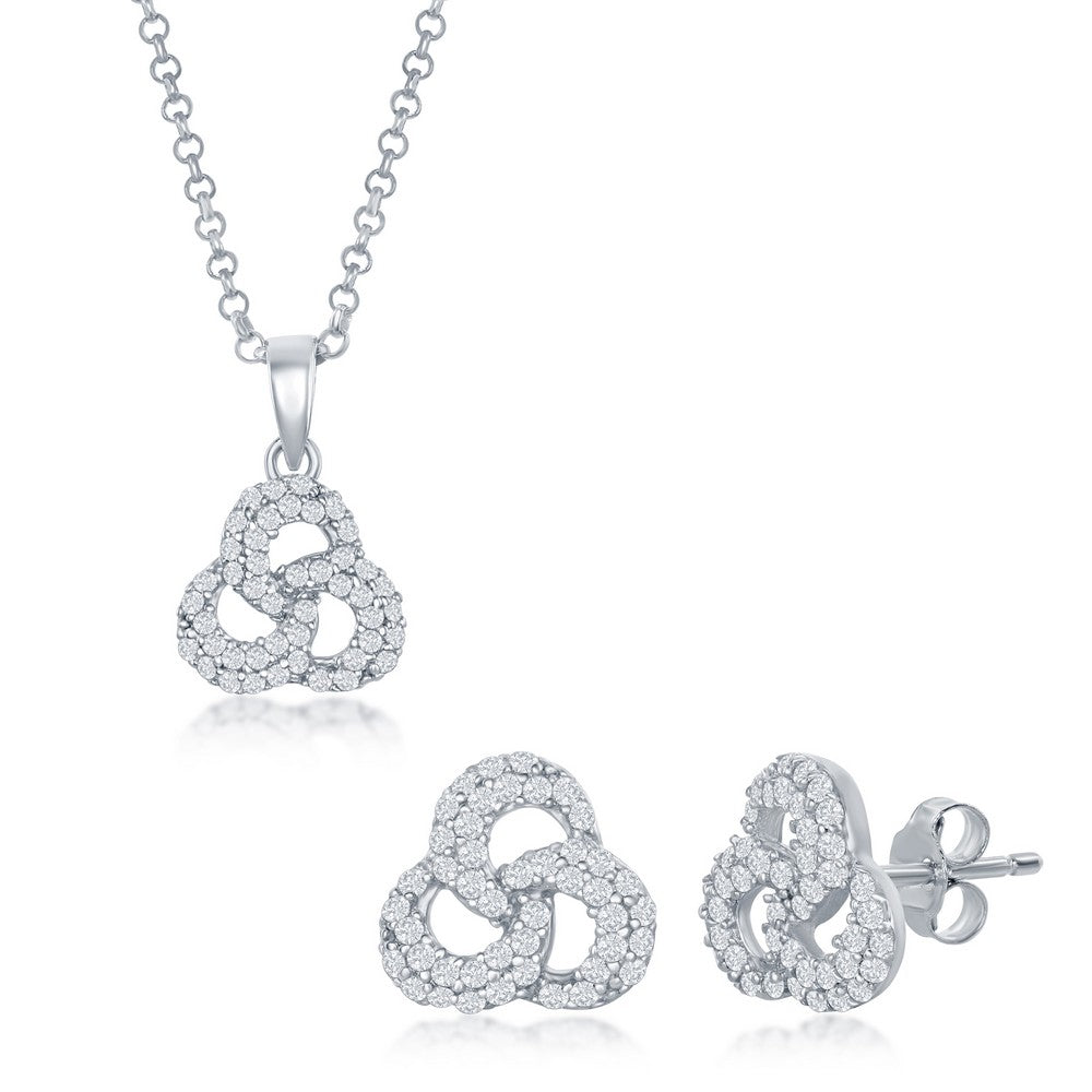 Sterling Silver CZ Triple Ring Pendant and Earrings Set