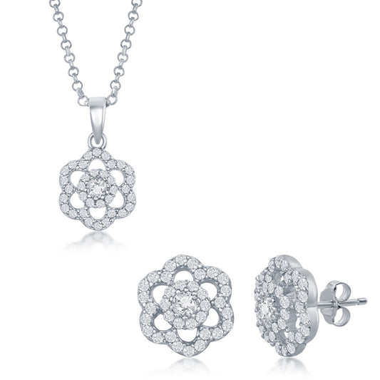 Sterling Silver CZ Flower Pendant and Earrings Set With Chain