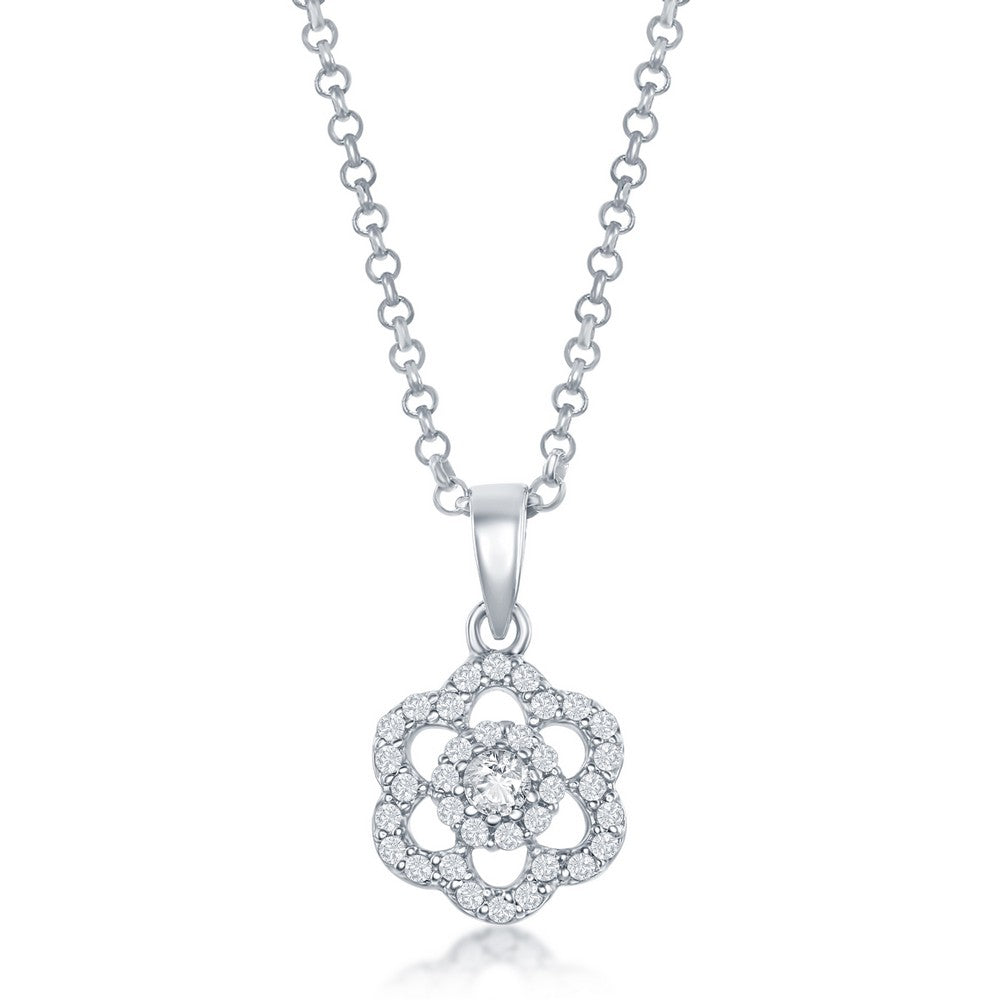 Sterling Silver CZ Flower Pendant and Earrings Set With Chain