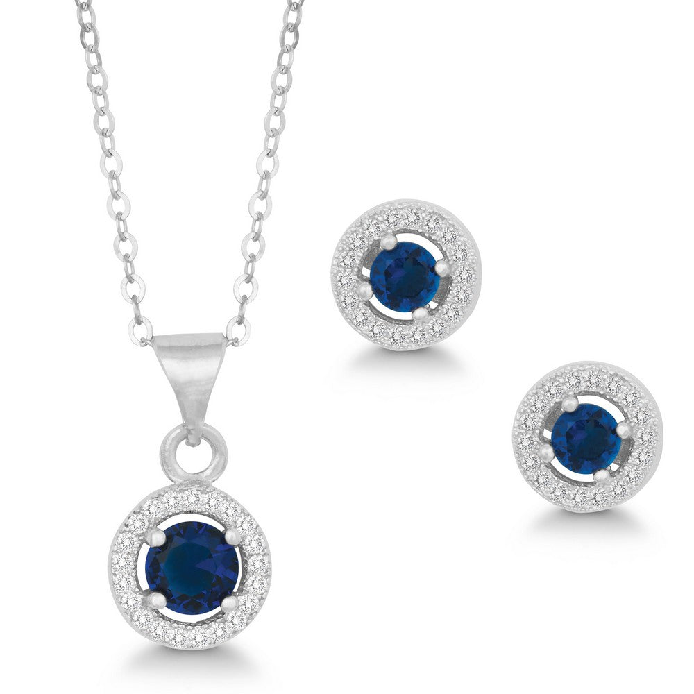 Sterling Silver Round Pendant and Earrings Set With Chain - Navy Blue CZ