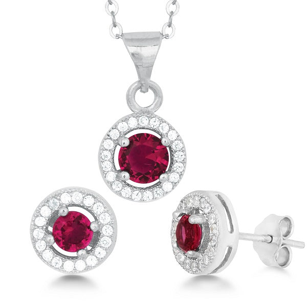 Sterling Silver Round Pendant and Earrings Set With Chain - Red CZ