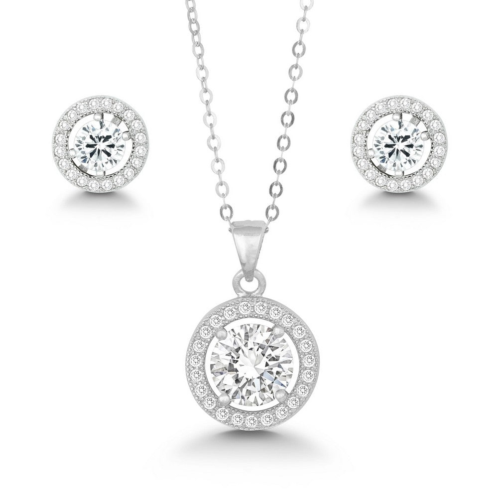 Sterling Silver Large Round Pendant and Earrings Set With Chain - White CZ