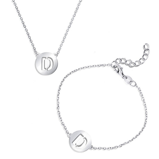 Sterling Silver Cut-Out Shiny D Disc Initial Bracelet & Necklace Set