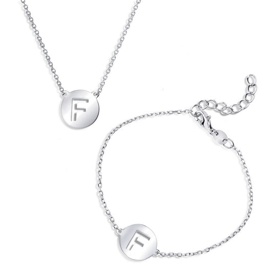 Sterling Silver Cut-Out Shiny F Disc Initial Bracelet & Necklace Set