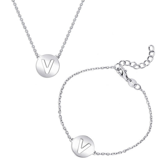 Sterling Silver Cut-Out ShinyV Disc Initial Bracelet & Necklace Set