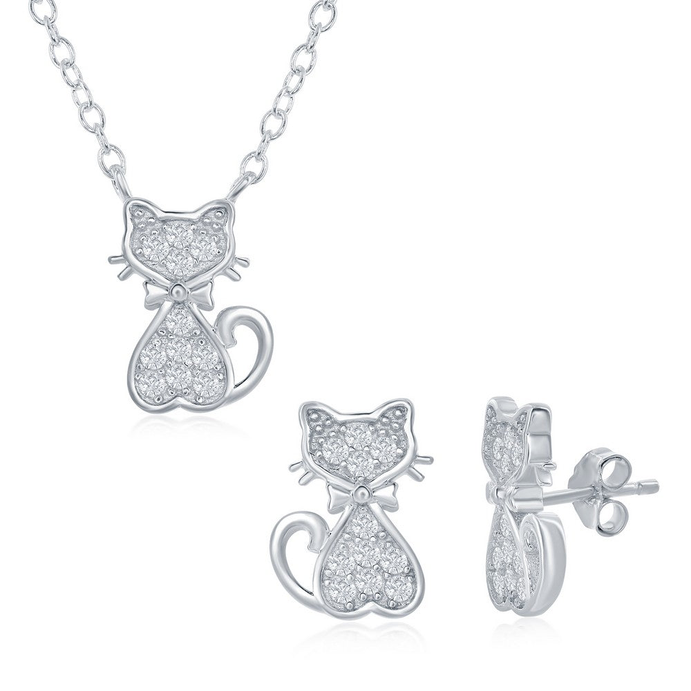 Sterling Silver Small CZ Cat Necklace & Earrings Set