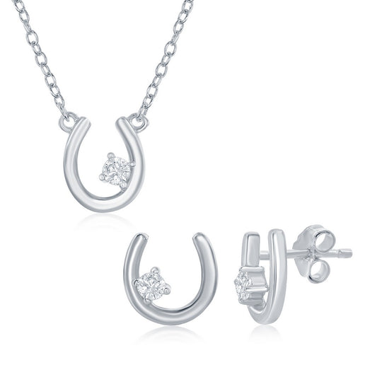 Sterling Silver Small Horseshoe with Single CZ Necklace & Earrings Set