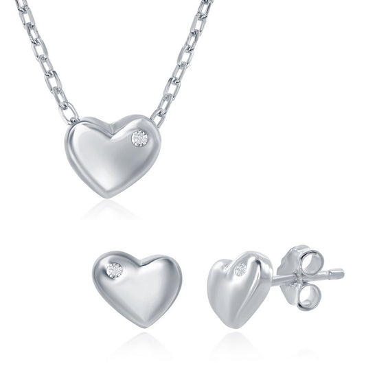 Sterling Silver Small Heart with Single CZ Necklace & Earrings Set