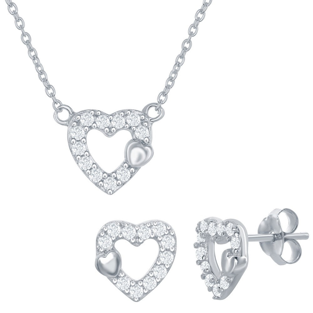 Sterling Silver Small Open CZ Heart with Tiny Shiny Heart Necklace & Earrings Set
