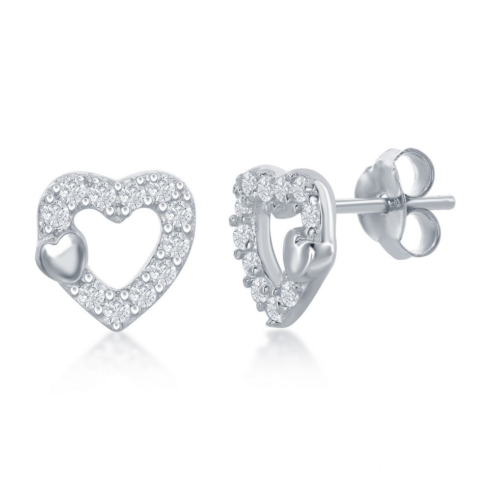 Sterling Silver Small Open CZ Heart with Tiny Shiny Heart Necklace & Earrings Set