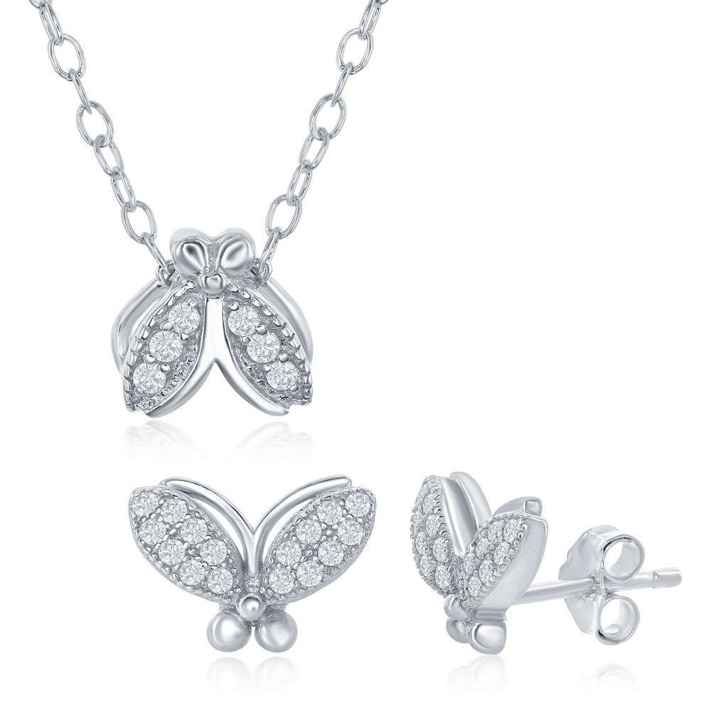 Sterling Silver Small CZ Moth Necklace & Earrings Set