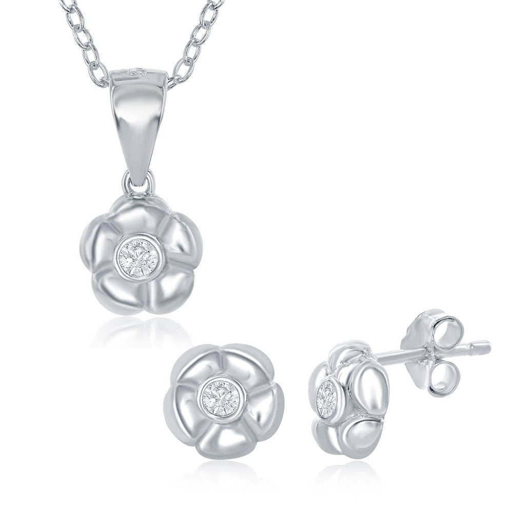 Sterling Silver Small Flower with Single CZ Necklace & Earrings Set