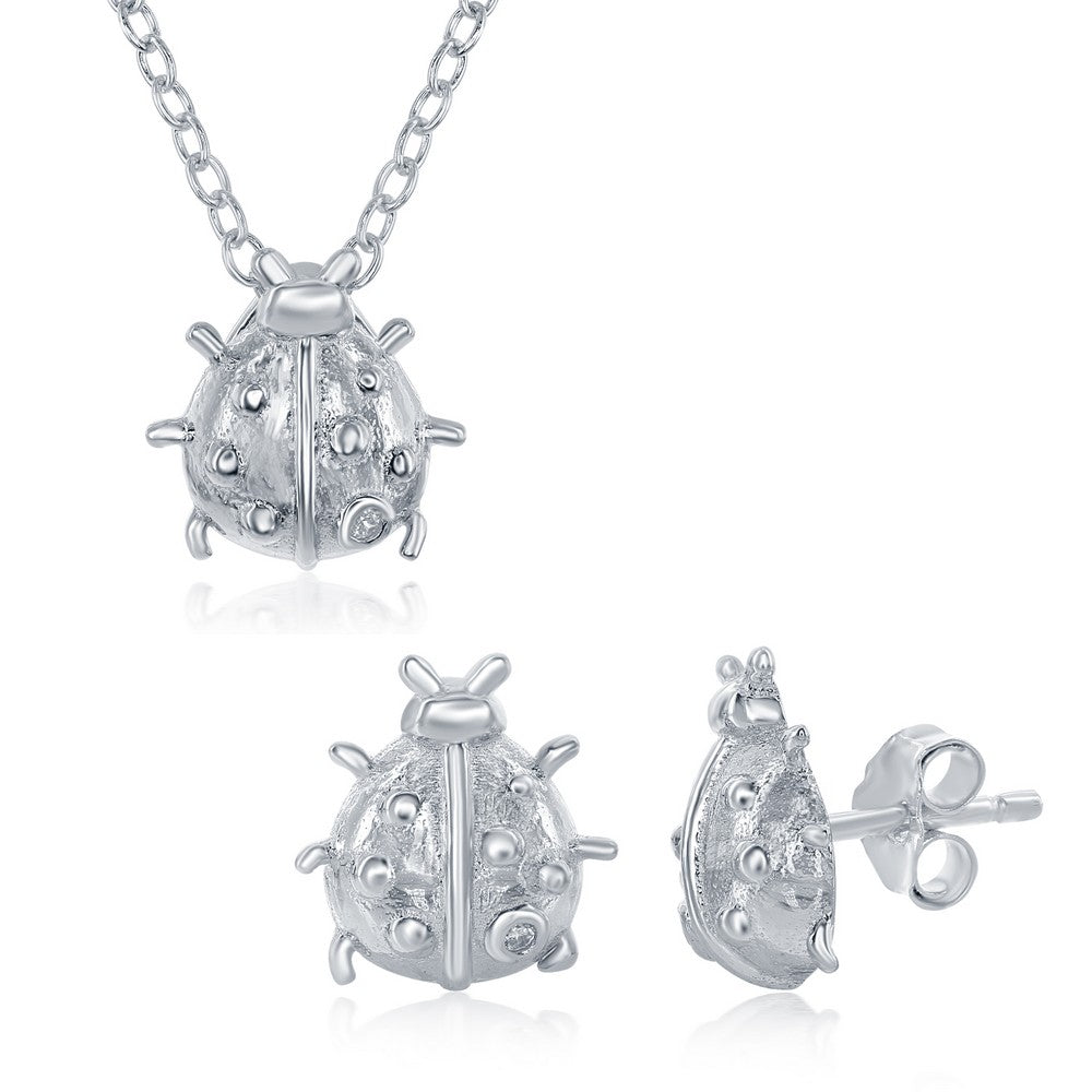 Sterling Silver Small Lady Bug Necklace & Earrings Set
