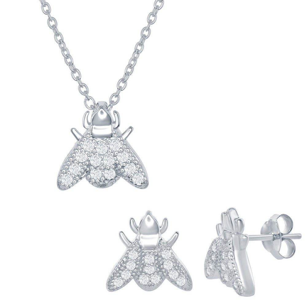 Sterling Silver Micro Pave Sliding Fly Necklace & Earrings Set