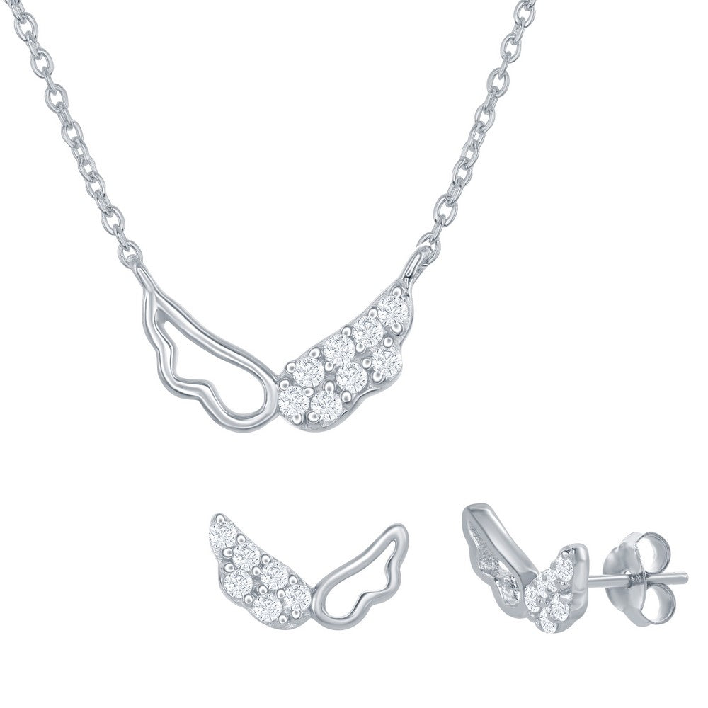 Sterling Silver Half Outline & Half CZ Wing Necklace & Earrings Set