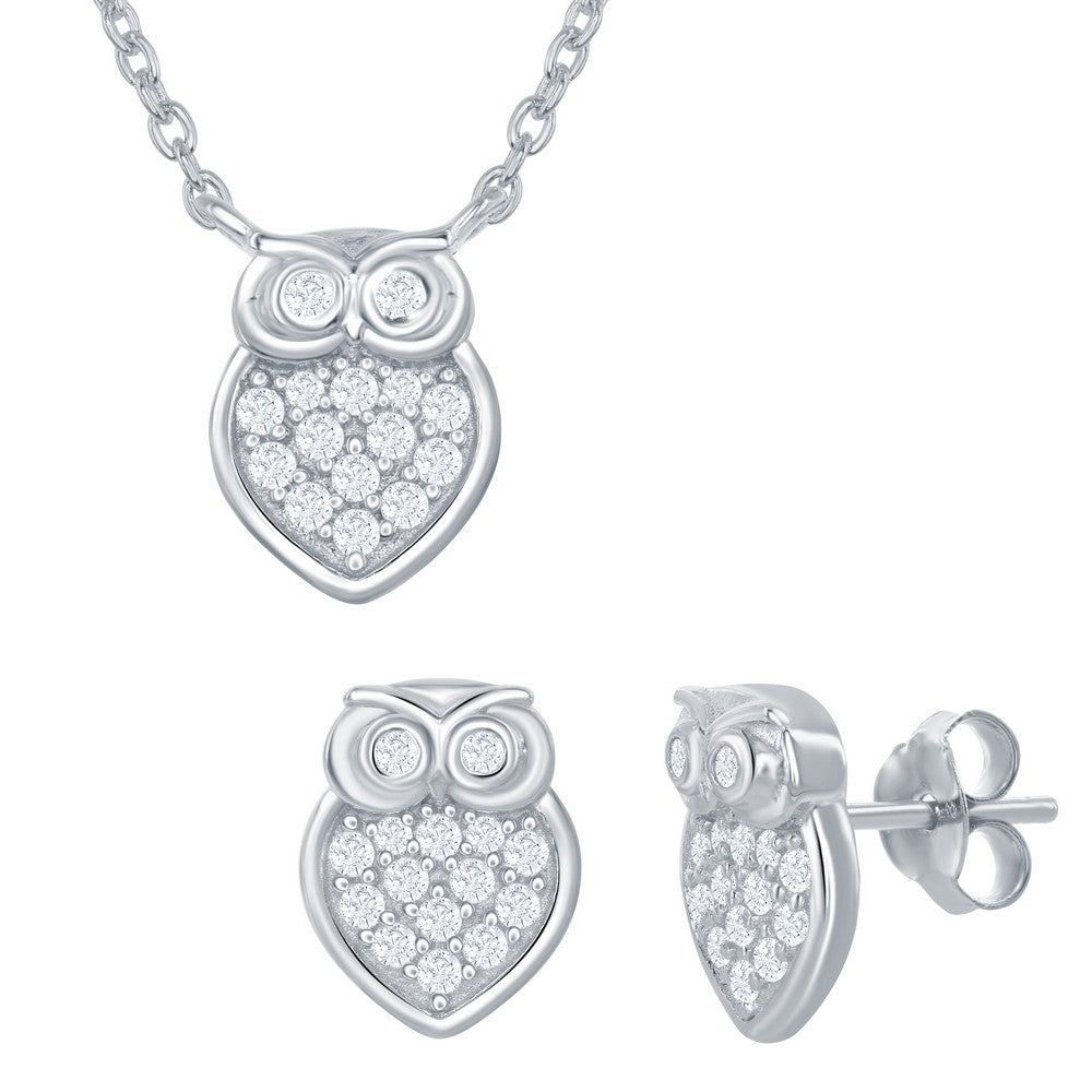 Sterling Silver Small Micro Pave Owl Necklace & Earrings Set