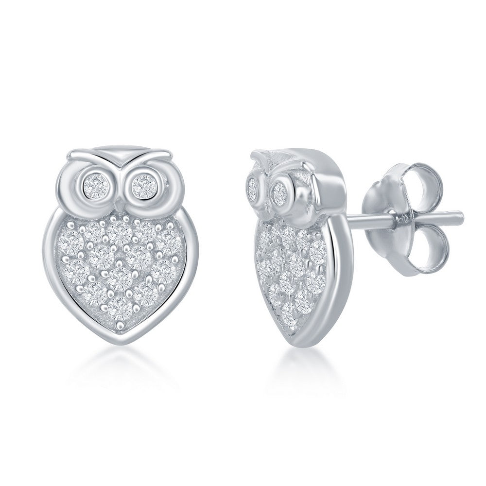 Sterling Silver Small Micro Pave Owl Necklace & Earrings Set