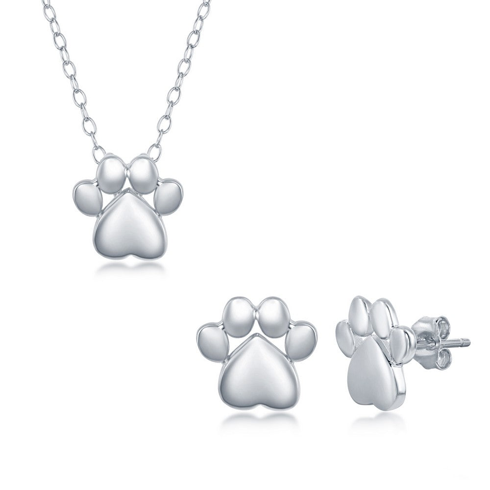 Sterling Silver High Polish Paw Print Necklace and Earrings Set